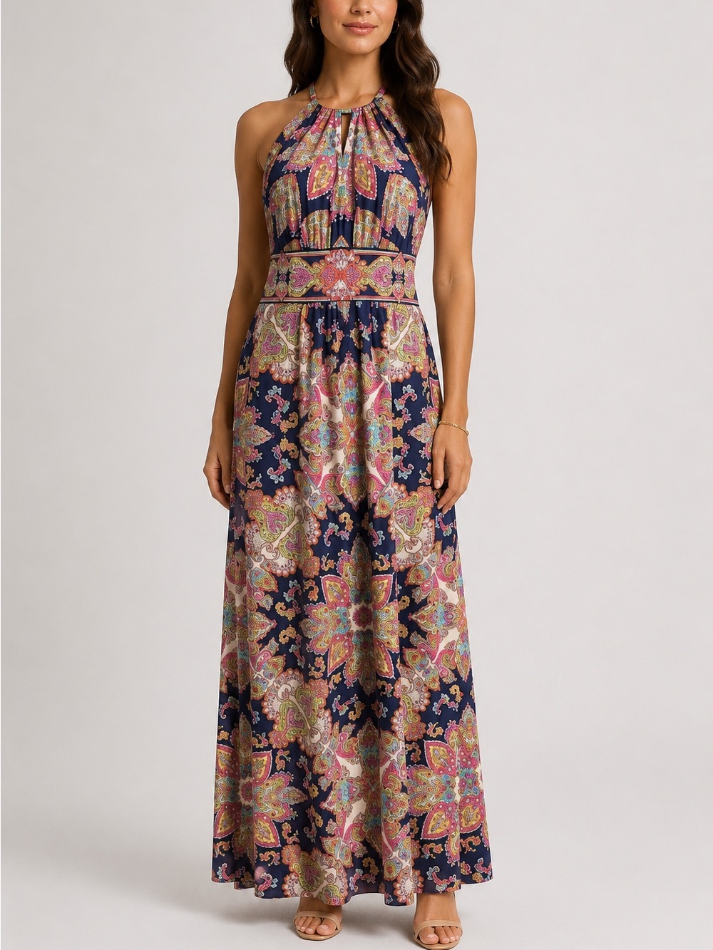 This London Times maxi dress features a multicolor paisley print halter size 2